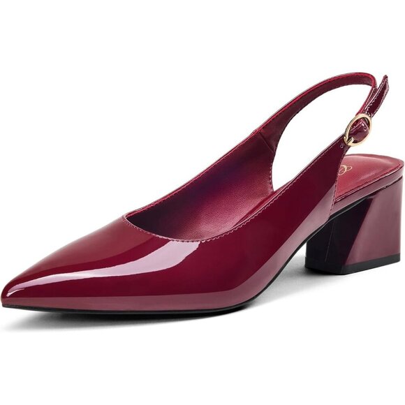 Shoes - Women Slingback Wine Red Toe Block Heel Pump Low Heel Office Wedding Dress Shoes